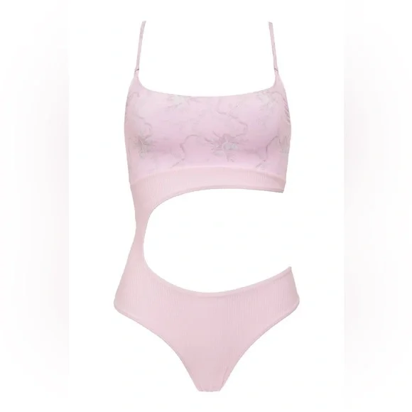 Frankie's Bikinis Light Pink Thea Ribbed One-Piece Cutout Swimsuit in Aurora - Picture 4 of 9